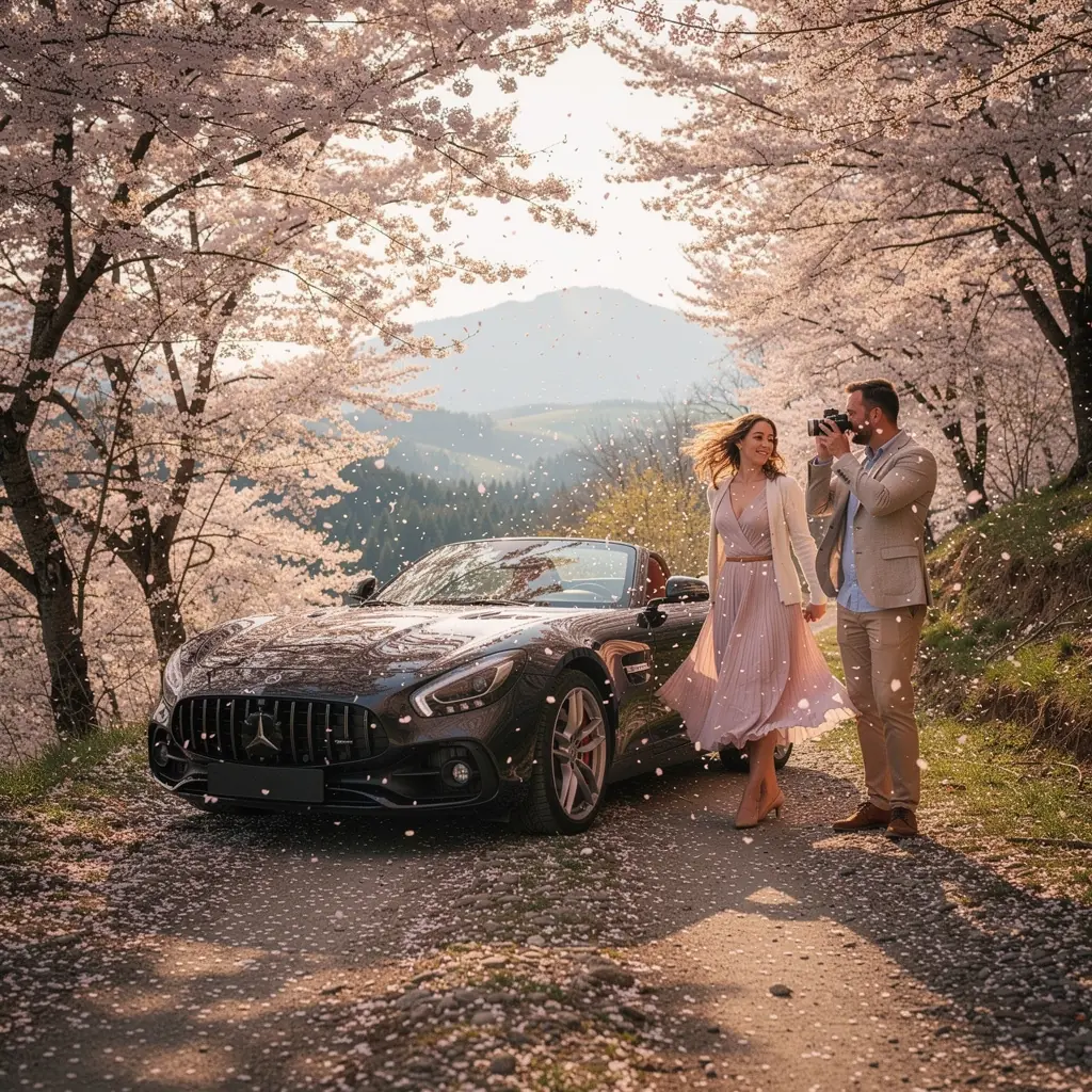 Luxusné vozidlo na horskej ceste so zelenými lesmi v pozadí