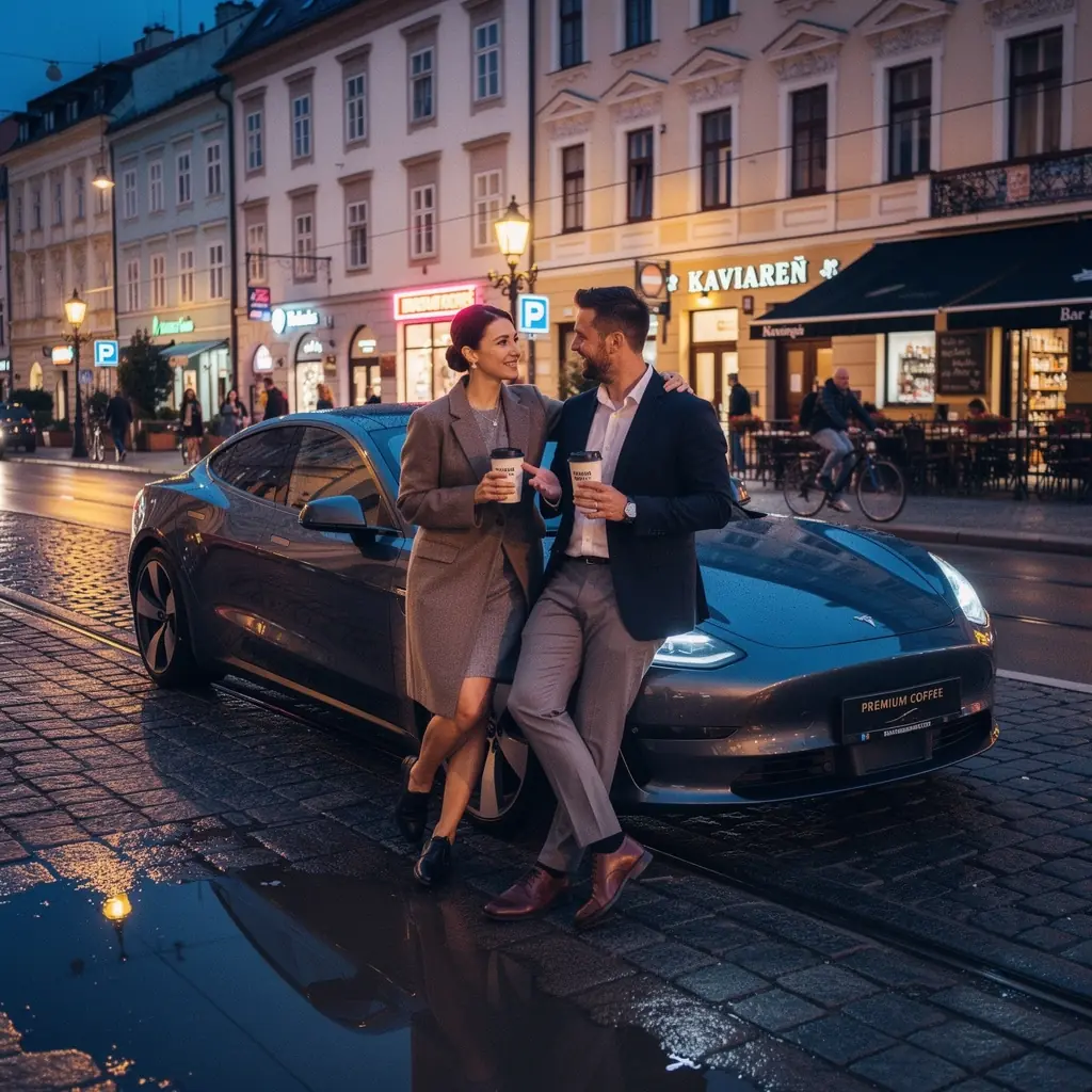 Skupina priateľov pri luxusnom aute na horskej dráhe v Slovensku